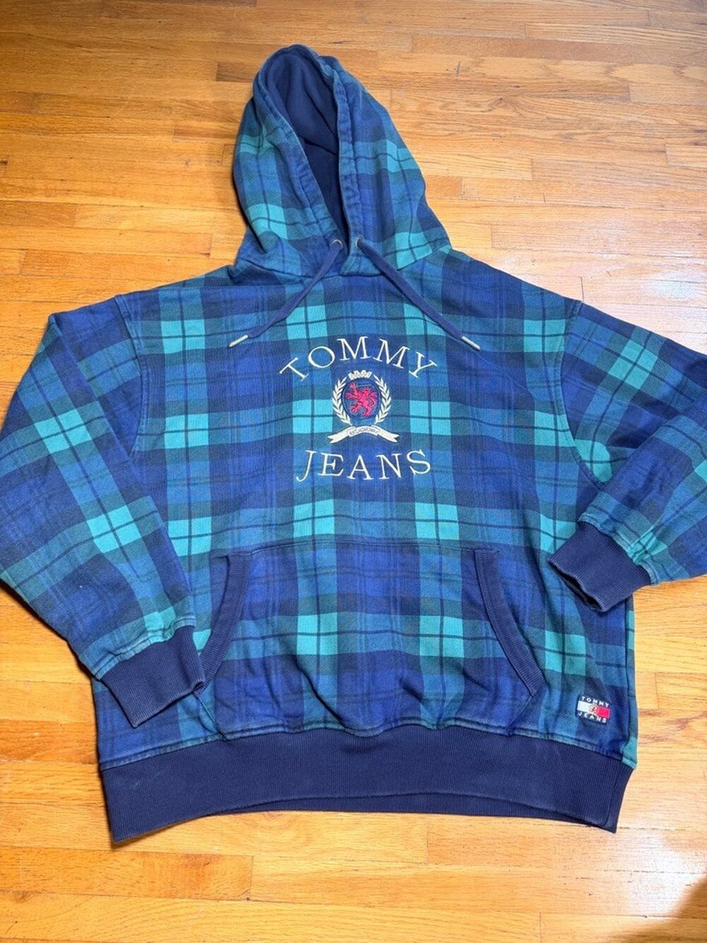 Tommy Jeans Plaid Full Zip Hoodie Men’s L Crest Logo Fleece Lined Blue Green